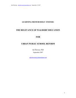 The Relevance of Waldorf Education for Urban School Reform