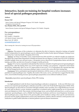Interactive, Hands-On Training for Hospital Workers Increases Level of Special Pathogen Preparedness