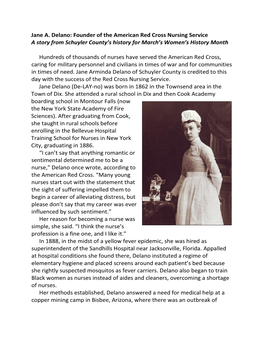 Jane A. Delano: Founder of the American Red Cross Nursing Service a Story from Schuyler County’S History for March’S Women’S History Month