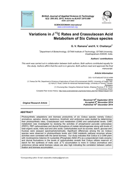 Variations in Δ C Rates and Crassulacean Acid Metabolism of Six Coleus Species