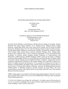 Nber Working Paper Series Decentralized Mining In