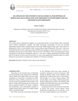 Insecta, Plecoptera) of Maryland, Including New and Emended State Records and an Updated State Checklist