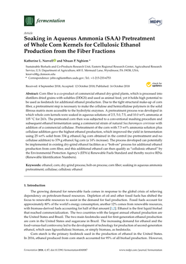 Pretreatment of Whole Corn Kernels for Cellulosic Ethanol Production from the Fiber Fractions