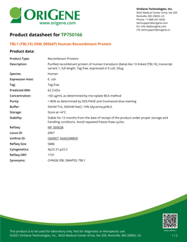 TBL1 (TBL1X) (NM 005647) Human Recombinant Protein Product Data