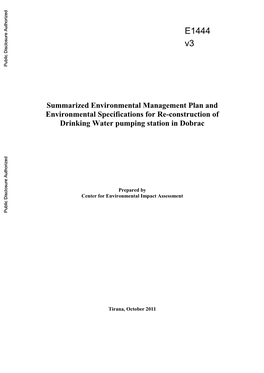 Summarized Environmental Management Plan and Environmental Specifications for Re-Construction of Drinking Water Pumping Station in Dobrac Public Disclosure Authorized