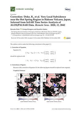 Correction: Doke, R., Et Al. Very Local Subsidence Near the Hot Spring Region in Hakone Volcano, Japan, Inferred from Insar Time Series Analysis of ALOS/PALSAR Data