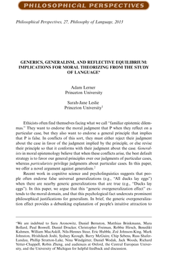 Generics, Generalism, and Reflective Equilibrium: Implications for Moral Theorizing from the Study of Language∗