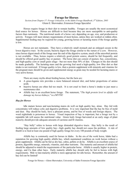 Forage for Horses Section from Chapter 17: Forage Utilization, in the Idaho Forage Handbook, 3Rd Edition, 2005 Glenn E