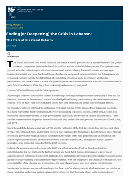 Ending (Or Deepening) the Crisis in Lebanon: the Role of Electoral Reform