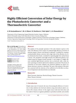 Highly Efficient Conversion of Solar Energy by the Photoelectric Converter and a Thermoelectric Converter