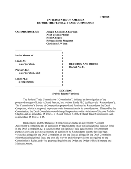 Linde AG and Praxair, Inc. to Form Linde PLC (Collectively “Respondents”)