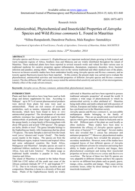 Antimicrobial, Phytochemical and Insecticidal Properties of Jatropha Species and Wild Ricinus Communis L