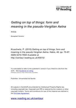 Form and Meaning in the Pseudo-Vergilian Aetna