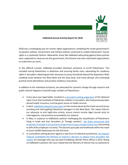 2018 Was a Challenging Year for Human Rights Organizations Combating the Israeli Government's Occupation Policies. Government An