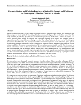 Contextualization and Christian Practices: a Study of Its Impacts and Challenges on Contemporary Mainline Churches in Nigeria