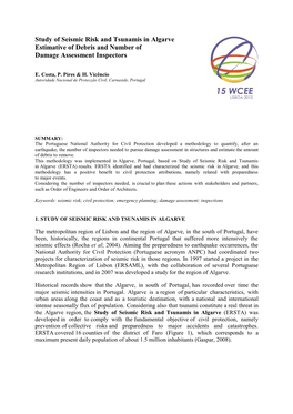 Study of Seismic Risk and Tsunamis in Algarve Estimative of Debris and Number of Damage Assessment Inspectors Inspectorsinspectorsblank Line 11 Pt Blank Line 11 Pt E