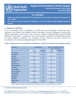 Regional Humanitarian Health Update Eastern and Southern Africa (ESA) November 2009