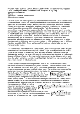 Violin Sonata Was Written When Franck Was 63, As a Wedding Present for the 31-Year- Old Belgian Virtuoso Violinist and Composer Eugène Ysaÿe