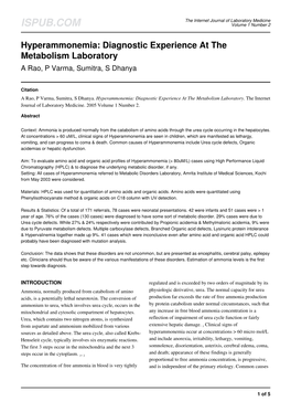 Hyperammonemia: Diagnostic Experience at the Metabolism Laboratory a Rao, P Varma, Sumitra, S Dhanya