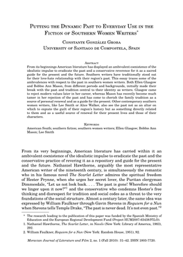 Putting the Dynamic Past to Everyday Use in the Fiction of Southern Women Writers* Constante González Groba University of Santiago De Compostela, Spain