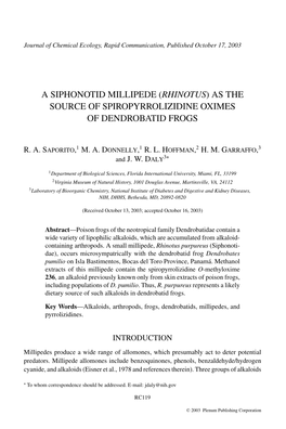 As the Source of Spiropyrrolizidine Oximes of Dendrobatid Frogs