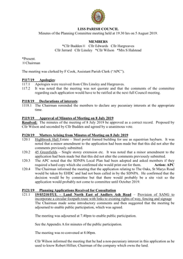 LISS PARISH COUNCIL Minutes of the Planning Committee Meeting Held at 19.30 Hrs on 5 August 2019