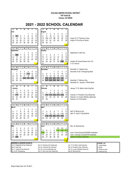 2021 - 2022 School Calendar