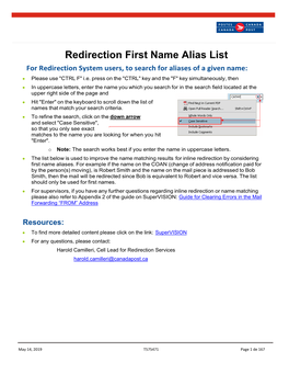 Redirection First Name Alias List for Redirection System Users, to Search for Aliases of a Given Name: • Please Use 