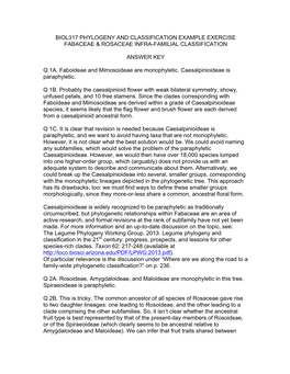 Biol317 Phylogeny and Classification Example Exercise Fabaceae & Rosaceae Infra-Familial Classification