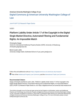 Platform Liability Under Article 17 of the Copyright in the Digital Single Market Directive, Automated Filtering and Fundamental Rights: an Impossible Match