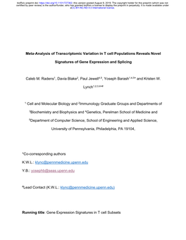 Meta-Analysis of Transcriptomic Variation in T Cell Populations Reveals Novel Signatures of Gene Expression and Splicing