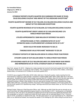 Citigroup Reports Fourth Quarter 2013 Earnings Per Share of $0.85; $0.82 Excluding Cva/Dva1 and Impact of the Credicard Divestiture2