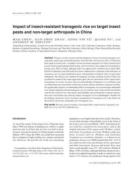 Impact of Insect-Resistant Transgenic Rice on Target Insect Pests and Non-Target Arthropods in China