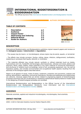 INTERNATIONAL BIODETERIORATION & BIODEGRADATION the Official Journal of the International Biodeterioration and Biodegradation Society