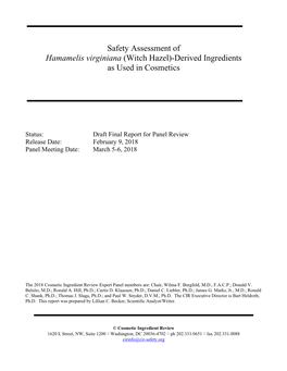 Safety Assessment of Hamamelis Virginiana (Witch Hazel)-Derived Ingredients As Used in Cosmetics