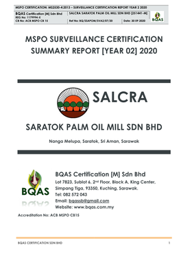 2020 Salcra Saratok Palm Oil Mill Sdn
