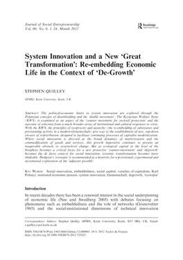 System Innovation and a New 'Great Transformation': Re-Embedding Economic Life in the Context of 'De-Growth'