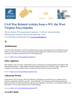 Civil War Related Articles from E-WV, the West Virginia Encyclopedia A