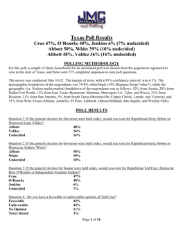 Poll Results Cruz 47%, O’Rourke 40%, Jenkins 6% (7% Undecided) Abbott 50%, White 39% (10% Undecided) Abbott 48%, Valdez 36% (16% Undecided)