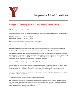 Changes to Operating Hours at South Health Campus YMCA