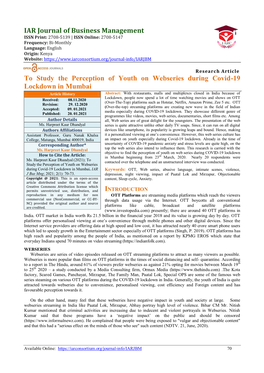 IAR Journal of Business Management to Study the Perception of Youth on Webseries During Covid-19 Lockdown in Mumbai