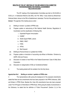 Minutes of the 26Th Meeting of the Implementation Committee for Reorganizing the Federal Government Held on 05-03-2020