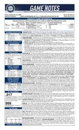 09-25-2020 Mariners Game Notes