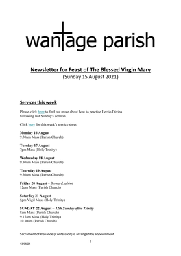 Newsletter for Feast of the Blessed Virgin Mary (Sunday 15 August 2021)