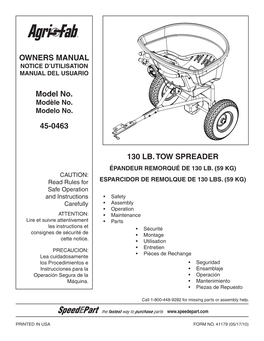 130 LB. Tow Spreader Owners Manual Model No. 45-0463
