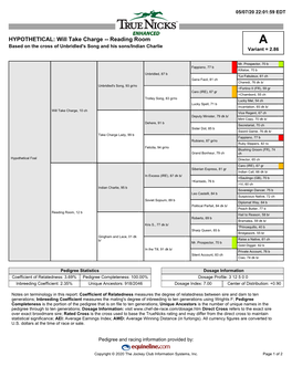 HYPOTHETICAL: Will Take Charge -- Reading Room a Based on the Cross of Unbridled's Song and His Sons/Indian Charlie Variant = 2.86