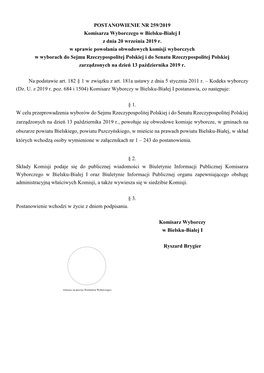 POSTANOWIENIE NR 259/2019 Komisarza Wyborczego W Bielsku-Białej I Z Dnia 20 Września 2019 R