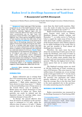 Radon Level in Dwellings Basement of Yazd-Iran
