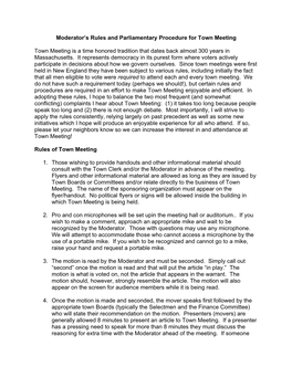 Moderator's Rules and Parliamentary Procedure for Town Meeting