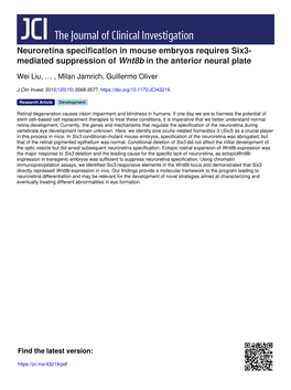 Neuroretina Specification in Mouse Embryos Requires Six3- Mediated Suppression of Wnt8b in the Anterior Neural Plate